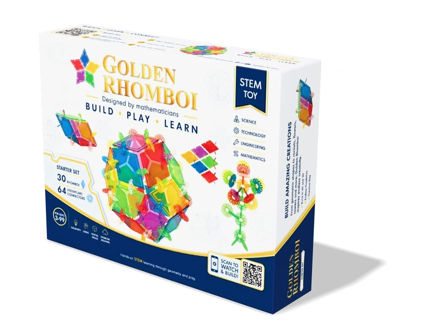 Golden Rhomboi Starter Set box: 30 Rhomboi and 64 snowflake connectors